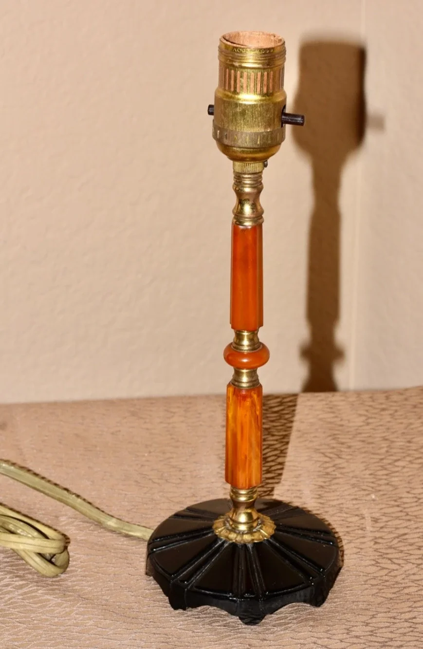 Alpine Art Deco Black Glass Butterscotch Bakelite and Brass Catalin Desk Lamp